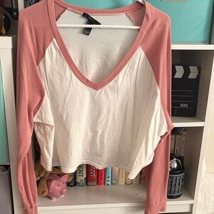 Forever 21 Pink and White V-Neck Crop Top
